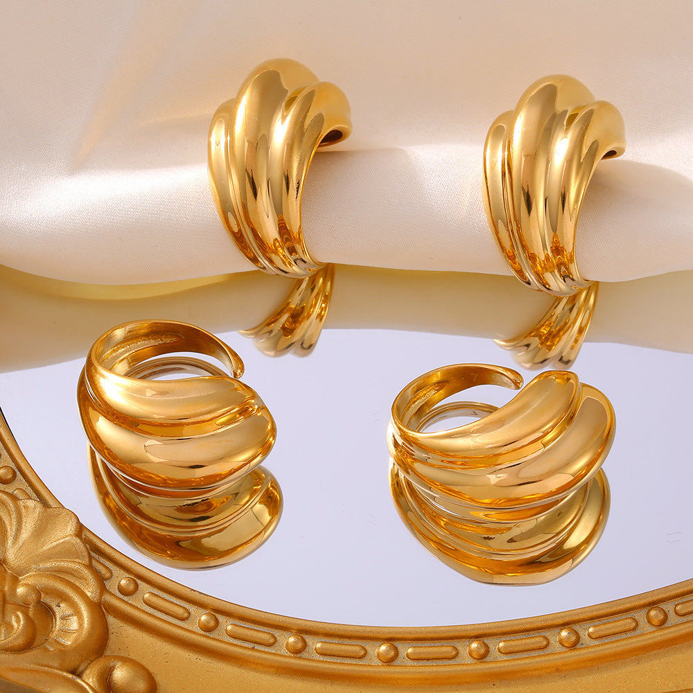 Multi-level striped water drop opening ring retro personalized design titanium steel plated 18K gold jewelry pp