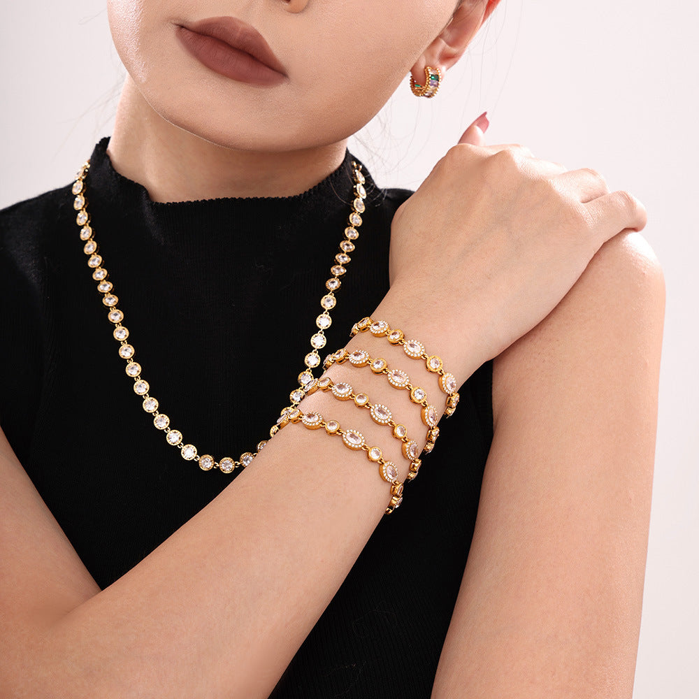 Stainless steel geometric super flash zircon bracelet, high-texture hand-inlaid luxury color-preserving jewelry combination