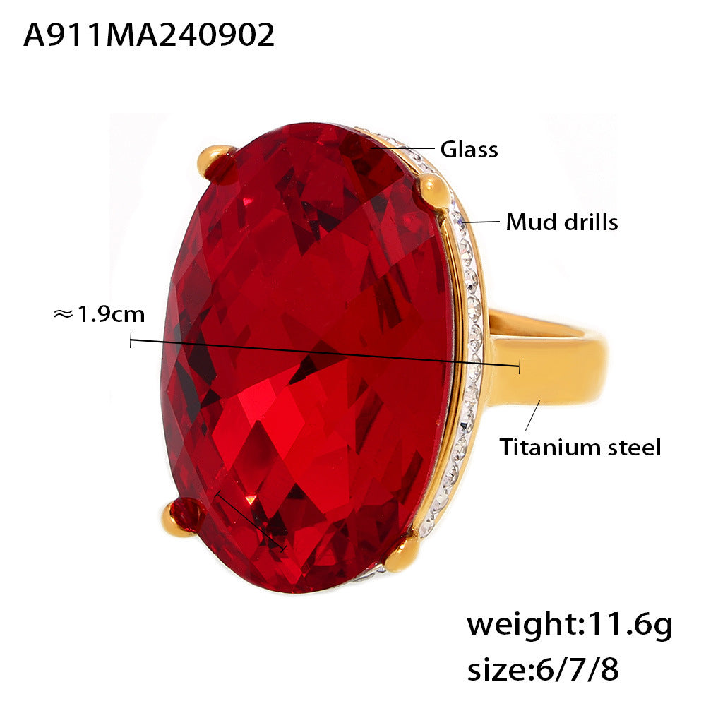 Oval sticky diamond large glass ring titanium steel plated 18K real gold ring retro light luxury hand jewelry 99