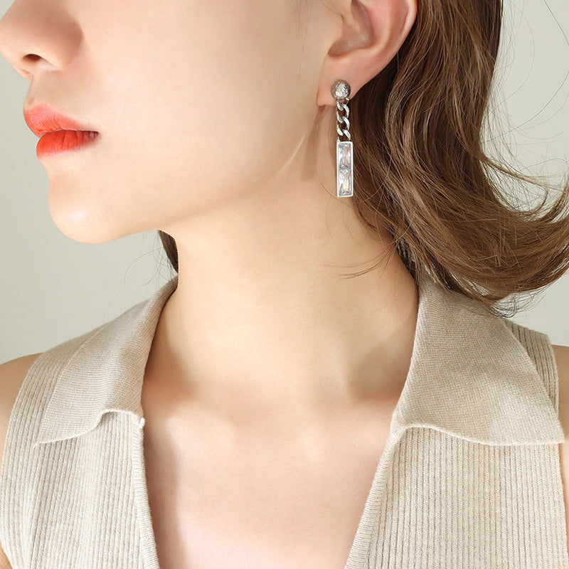Niche design does not fade cold wind rectangular pendant inlaid zircon fashion personalized earrings ear jewelry