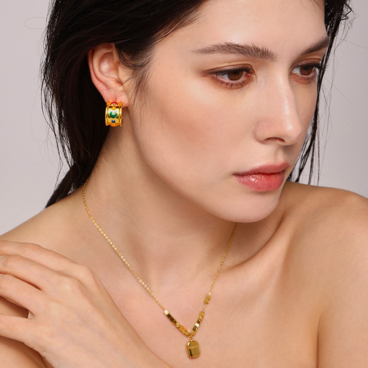 C-shaped love wide-sided earrings, new square brand lettering pendant necklace, titanium steel combination set wholesale