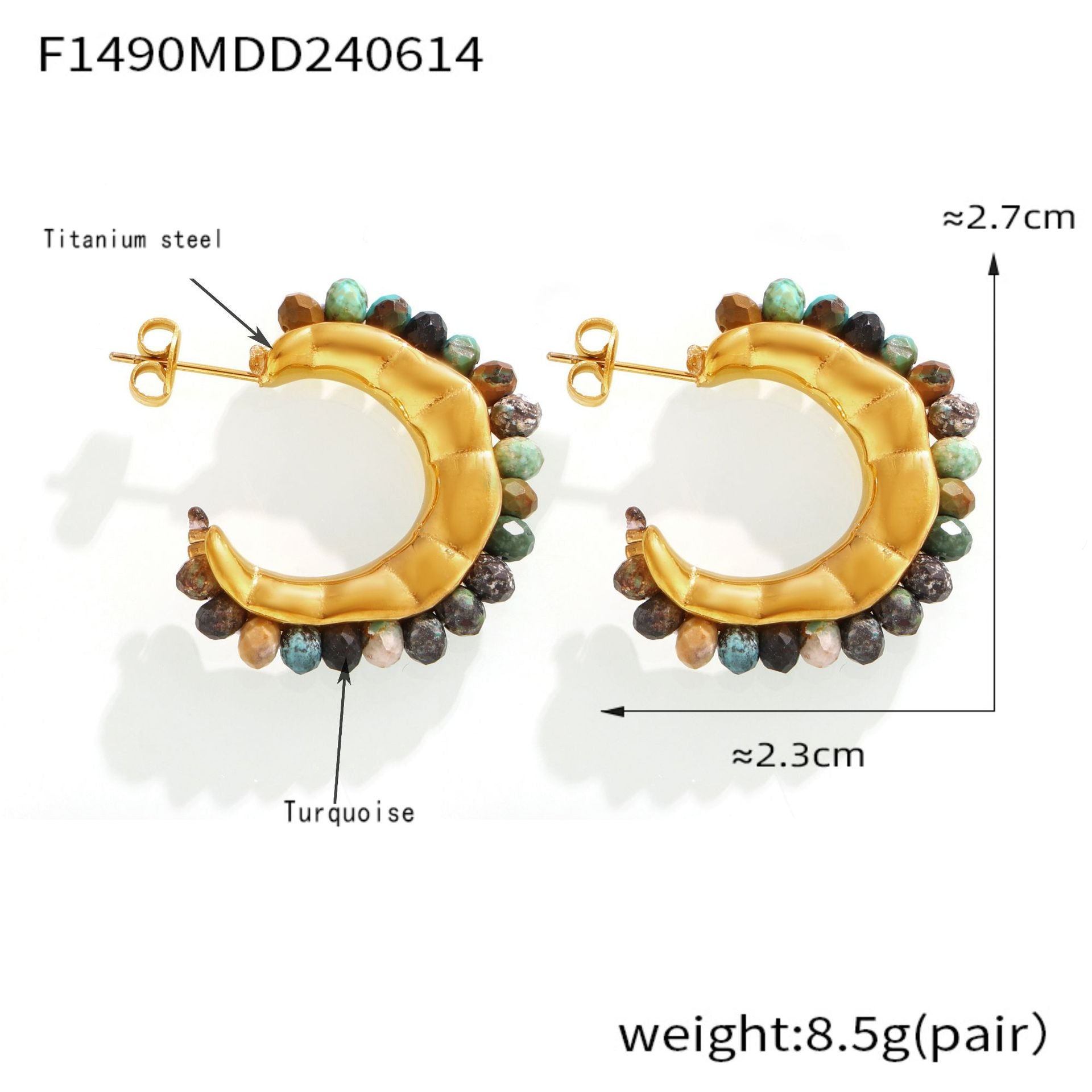 Dopamine wear fashionable simple personality elegant jewelry inlaid with colorful natural stone design titanium steel C stud earrings pp