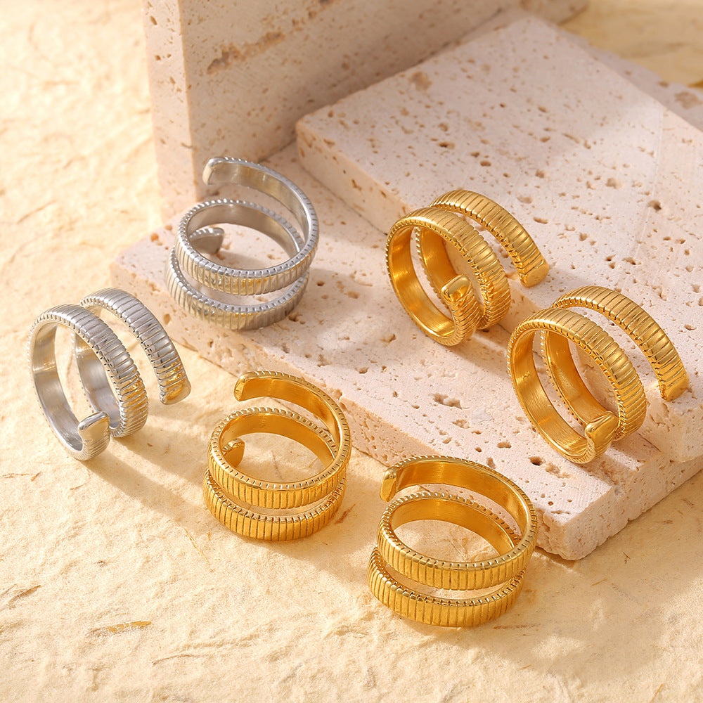 New geometric wound threaded ring titanium steel plated 18k gold opening non-adjustable ring wholesale pp