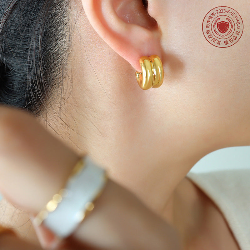 Double-layer C-shaped half-circle mirror earrings women's plated 18K gold stud earrings minimalist retro titanium steel non-fading accessories