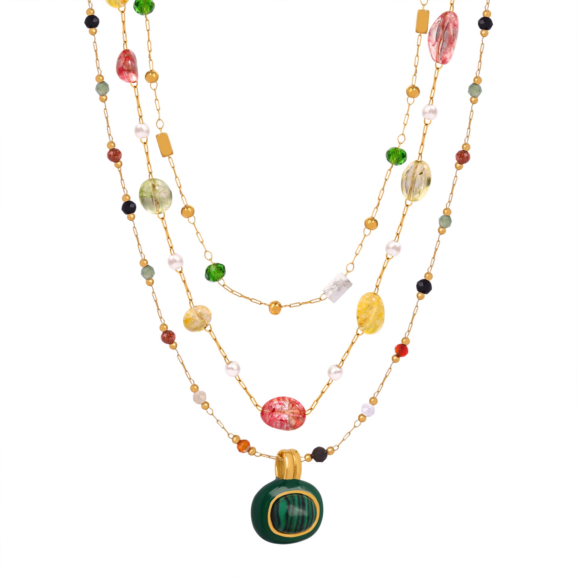 Fashion Personality Niche Titanium Steel Gold-plated Natural Stone Pendant Handmade Beaded Necklace Simple Jewelry Female 99