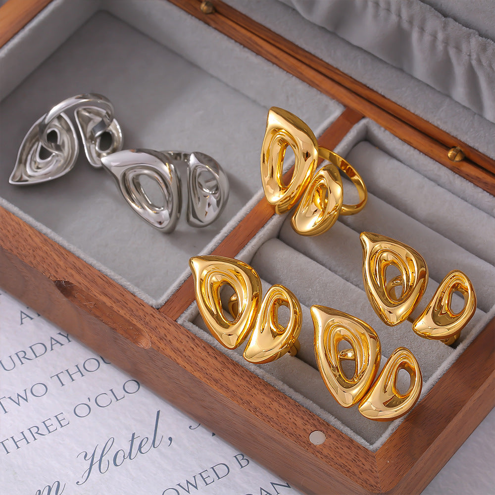 Geometric pig nose shape hollow ring copper plated 18k gold personalized simple open ring female pp