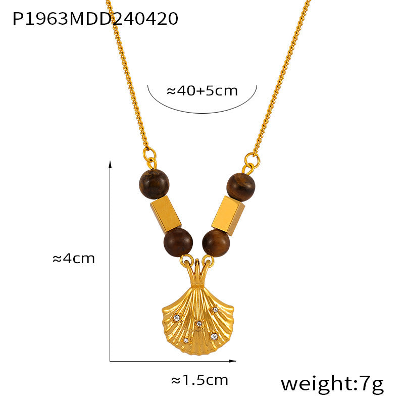 Vintage niche Vintage jewelry Tiger's eye stone pendant with diamond shell shape design titanium steel necklace