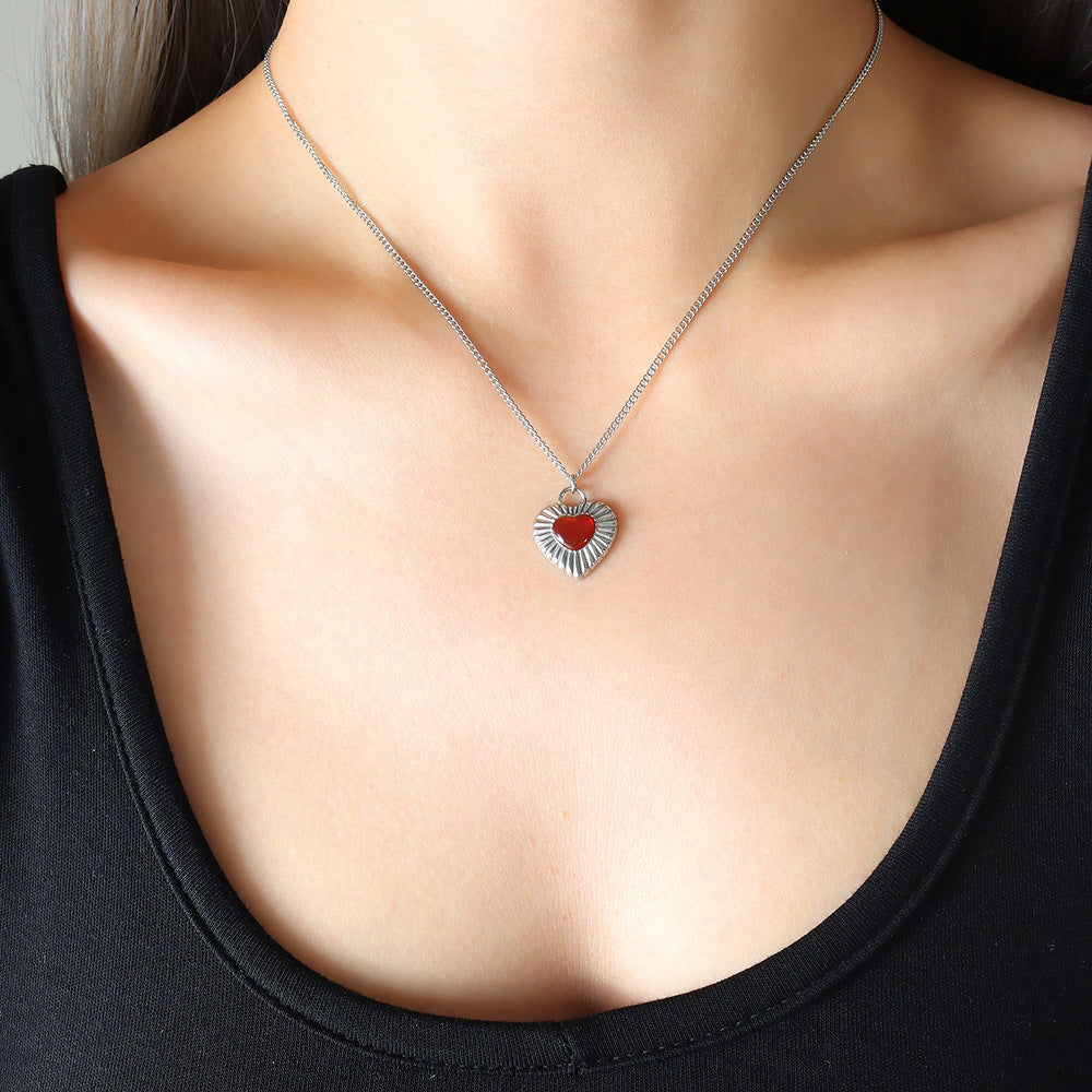 Celebrity temperament personality does not fade peach heart love inlaid agate pendant necklace earrings jewelry set