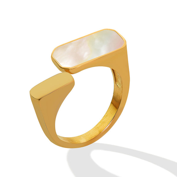 New retro fashion white sea shell open ring women's titanium steel plated 18K real gold ring hand jewelry pp