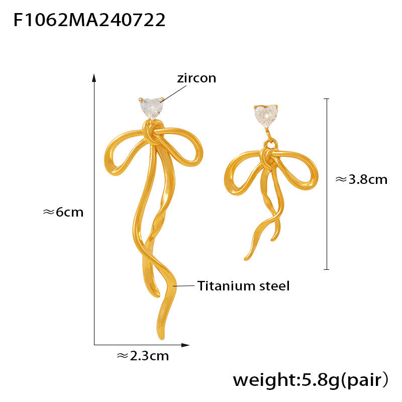 Zircon ribbon bow fringed earrings niche sweet design asymmetric titanium steel earrings women