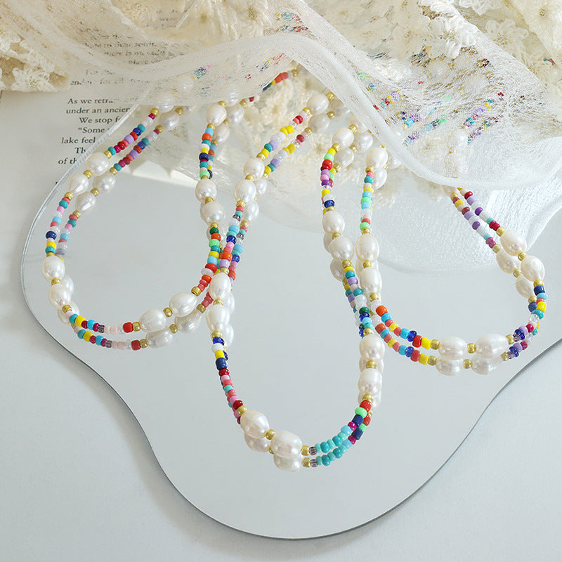 Colorful glass beads, natural freshwater pearls, titanium steel necklaces, cross-border hot-selling fashion trends