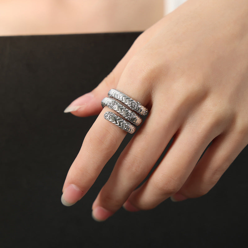 New fashion light luxury retro titanium steel gold-plated with colored diamonds multi-layer texture personalized opening ring jewelry women