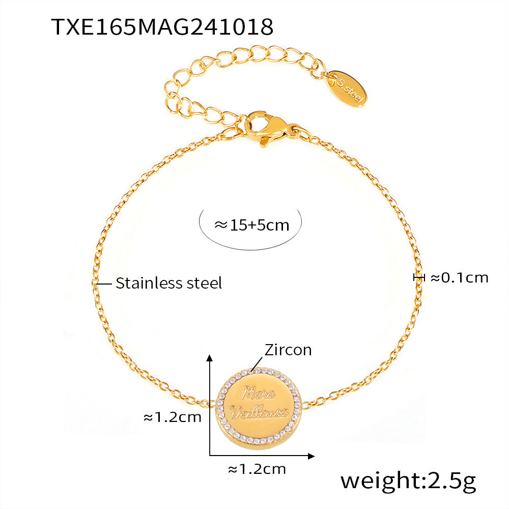 Diamond-encrusted gypsy double-sided meve letters stacked collarbone necklace bracelet exquisite titanium steel set pp