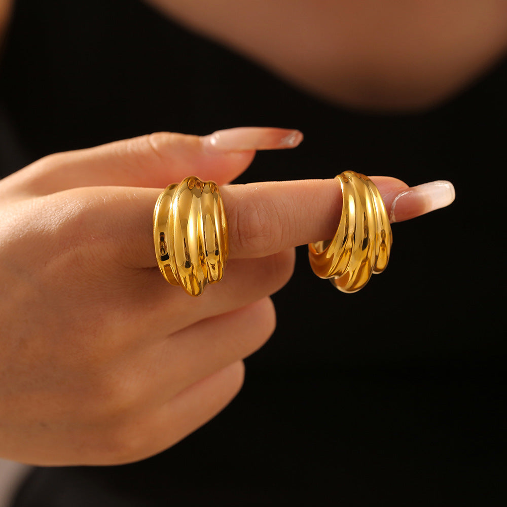 Multi-level striped water drop opening ring retro personalized design titanium steel plated 18K gold jewelry pp