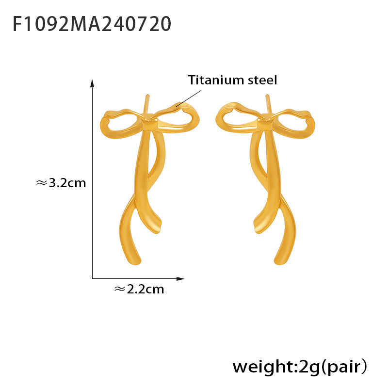 Light luxury bow tassel ribbon stud earrings stainless steel plated 18K real gold fairy earrings spot wholesale