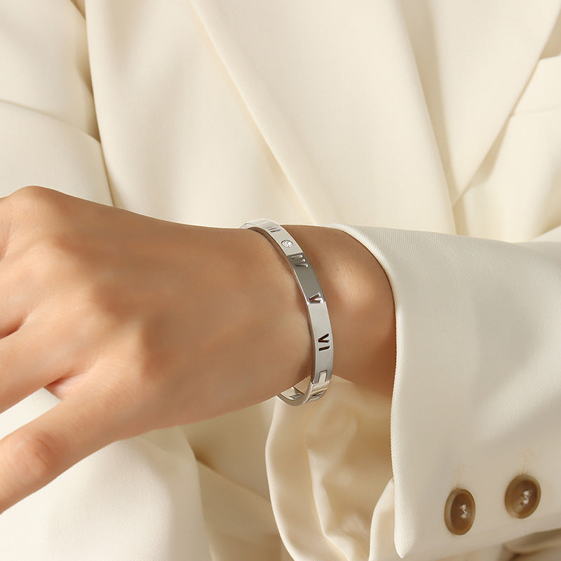 Zircon inlaid bracelet niche design wide version titanium steel plated 18k gold couple personality versatile bracelet female pp