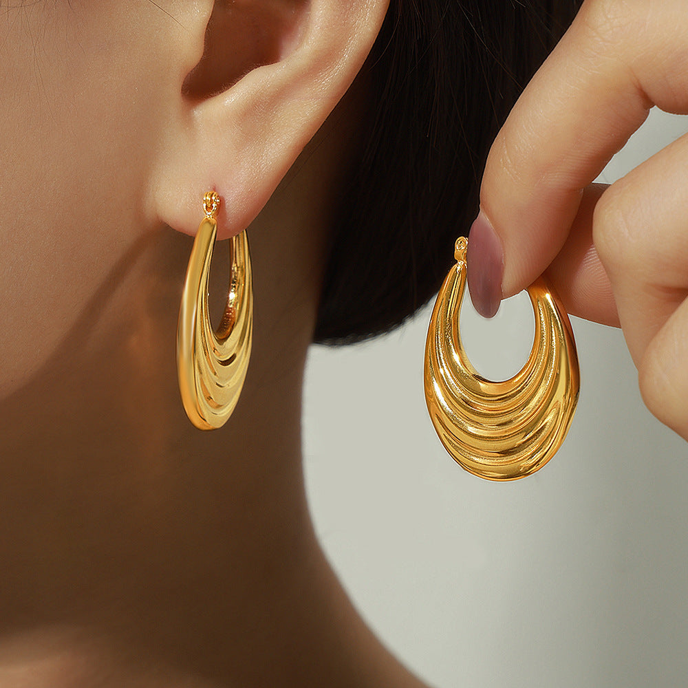 New Simple Personality Titanium Steel Gold Plated Geometric Design U-shaped Earrings Ring Striped Earrings Women's Jewelry