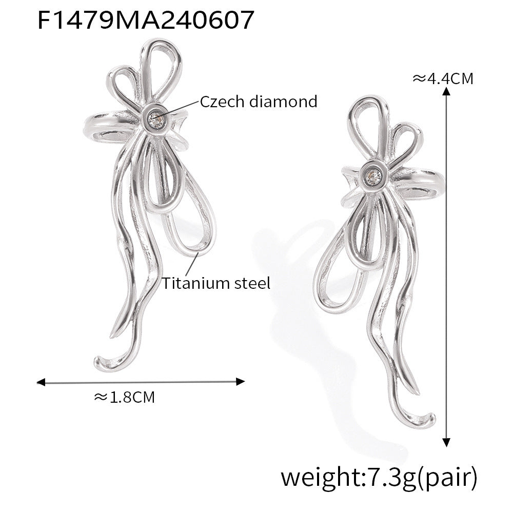 Light luxury bow tassel ribbon stud earrings stainless steel plated 18K real gold fairy earrings spot wholesale