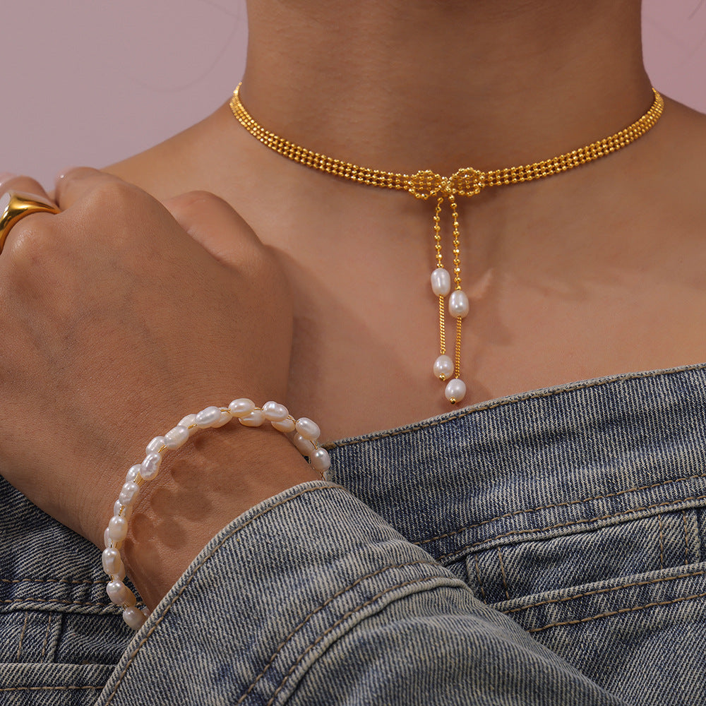 Elegant temperament gentle freshwater pearl jewelry geometric multi-layer line design copper jewelry set
