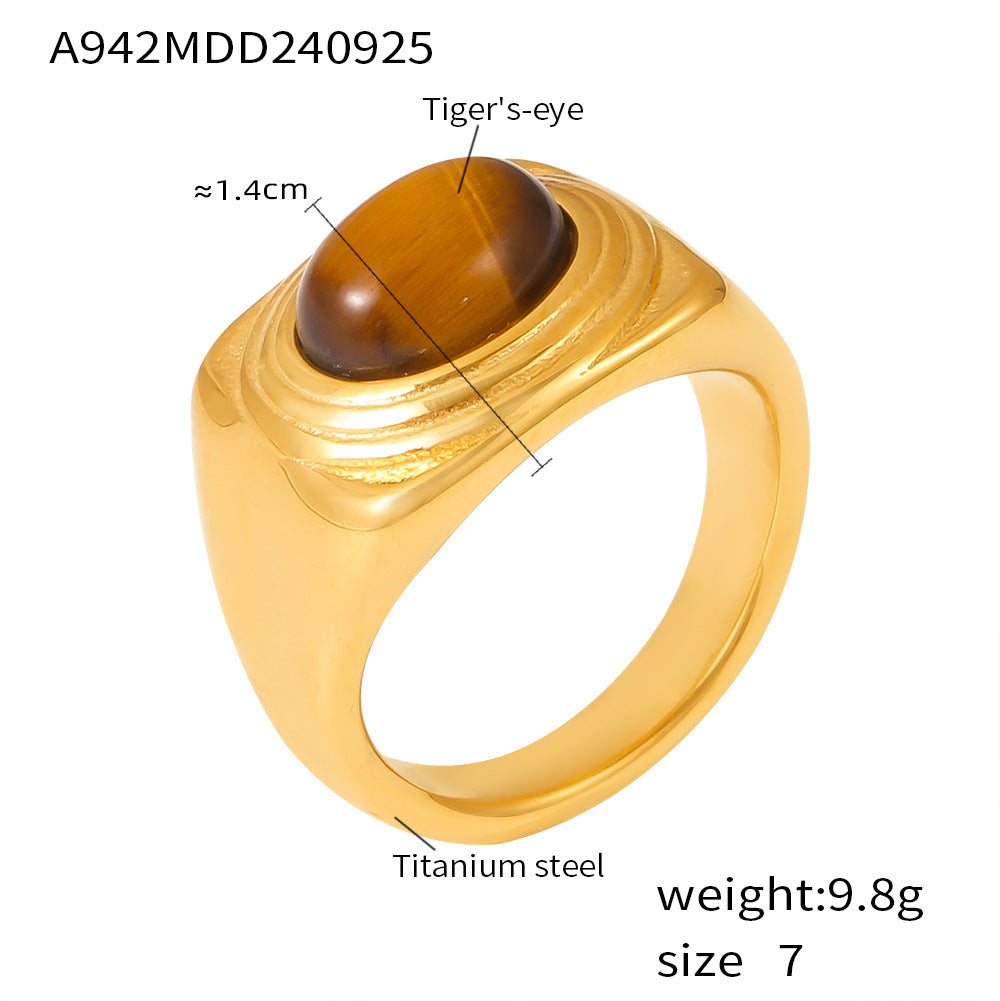 Vintage Textured Edge Oval Tiger's Eye Ring Titanium Steel Gold Plated Simple Light Luxury Index Finger Ring