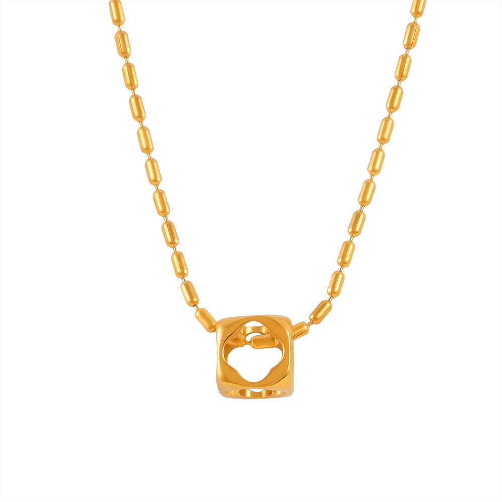 Leisure vacation style niche simple rice bead chain jewelry personalized hollow square pendant titanium steel gold-plated necklace pp