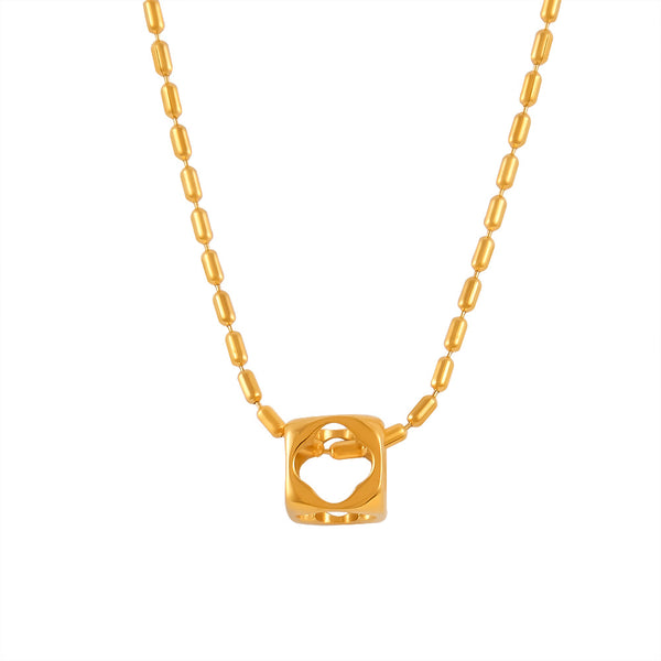 Leisure vacation style niche simple rice bead chain jewelry personalized hollow square pendant titanium steel gold-plated necklace pp