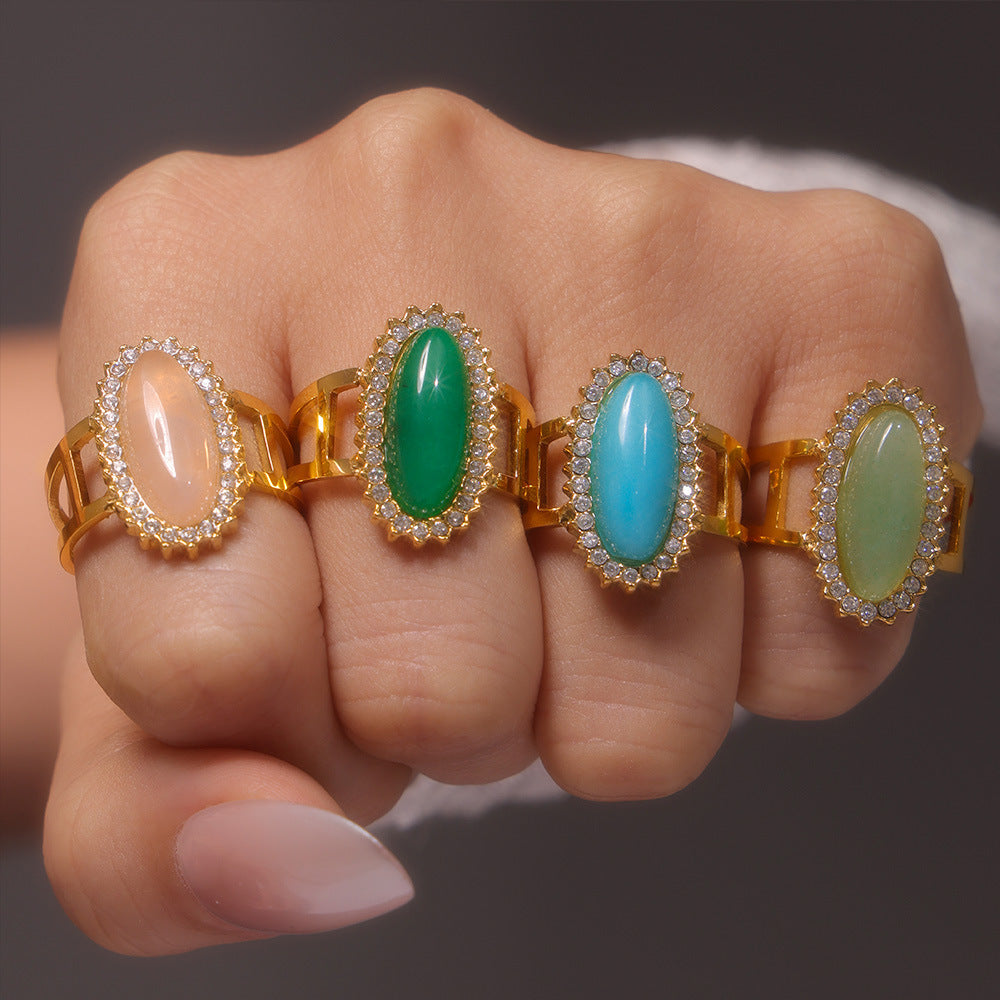 Jewelry 3A zircon inlaid natural stone open ring titanium steel plated 18K gold adjustable ring jewelry spot supply