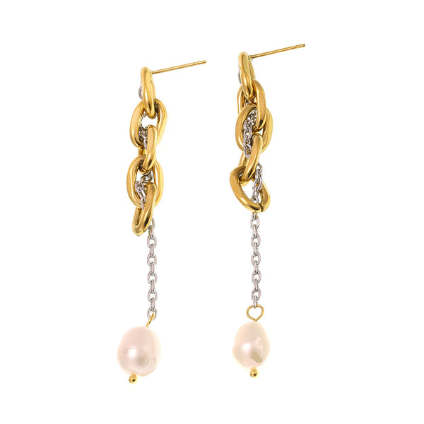 Chain fringed freshwater pearl earrings fashionable cold wind earrings stainless steel plated 18K real gold jewelry tide