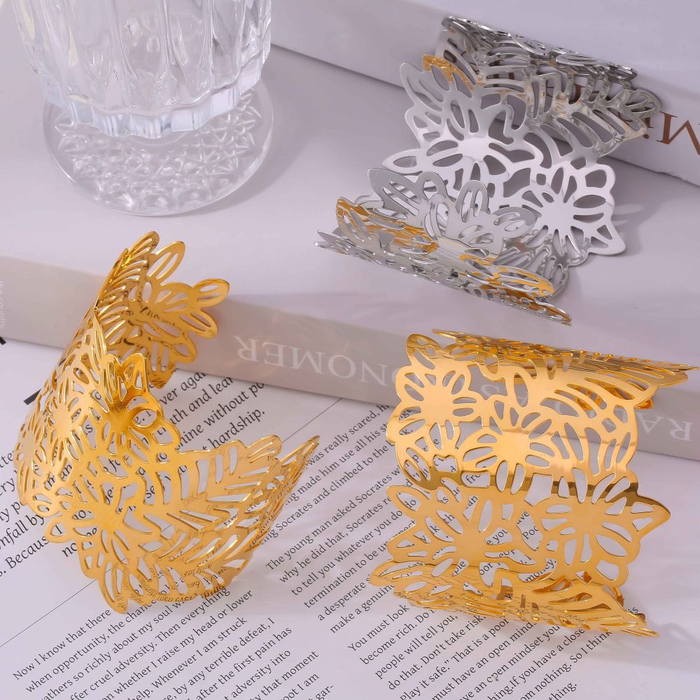 Flower leaf splicing opening bracelet titanium steel plated 18k gold personality exaggerated geometric hollow jewelry pp