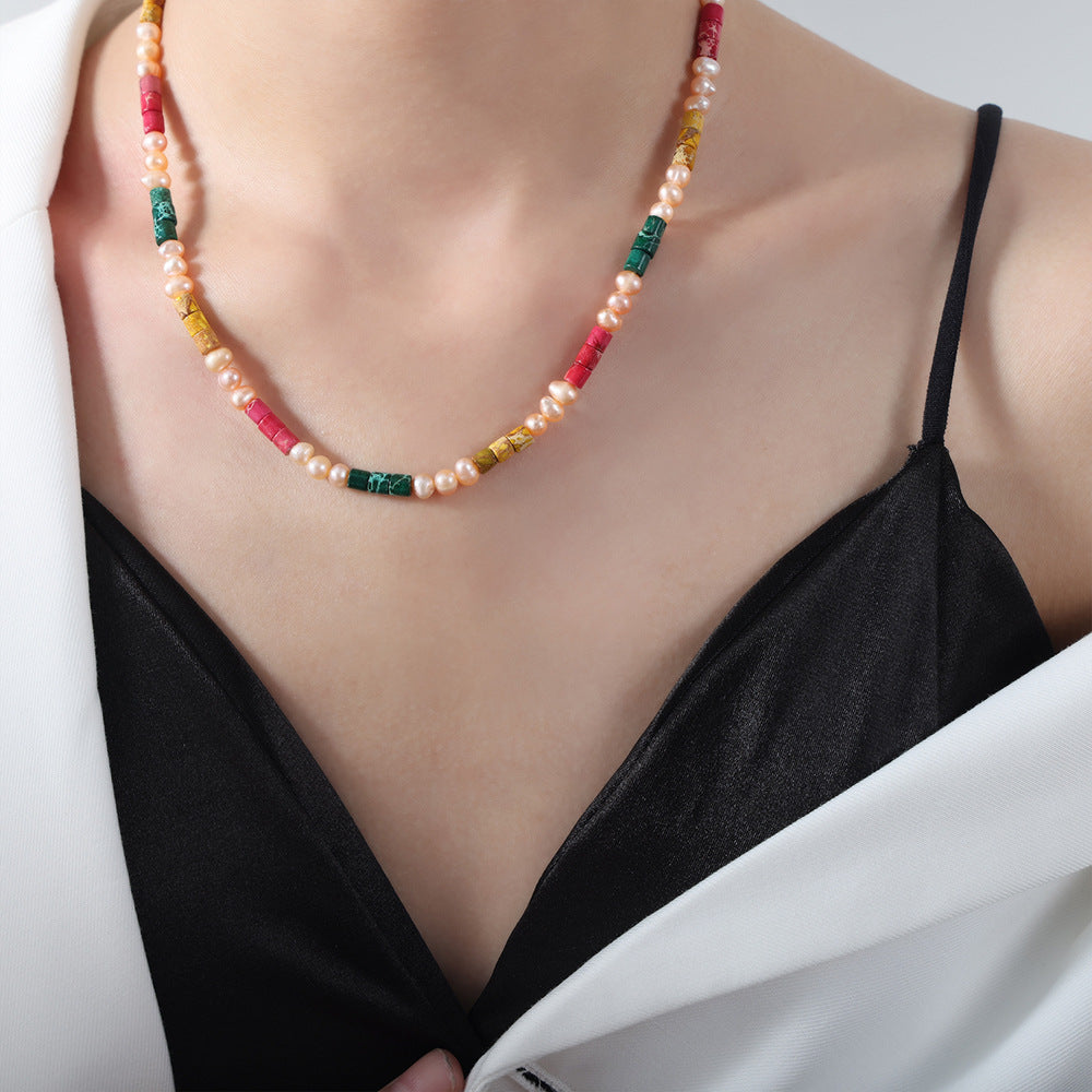 New dopamine handmade beaded freshwater pearl necklace niche light luxury high-end color jewelry women pp