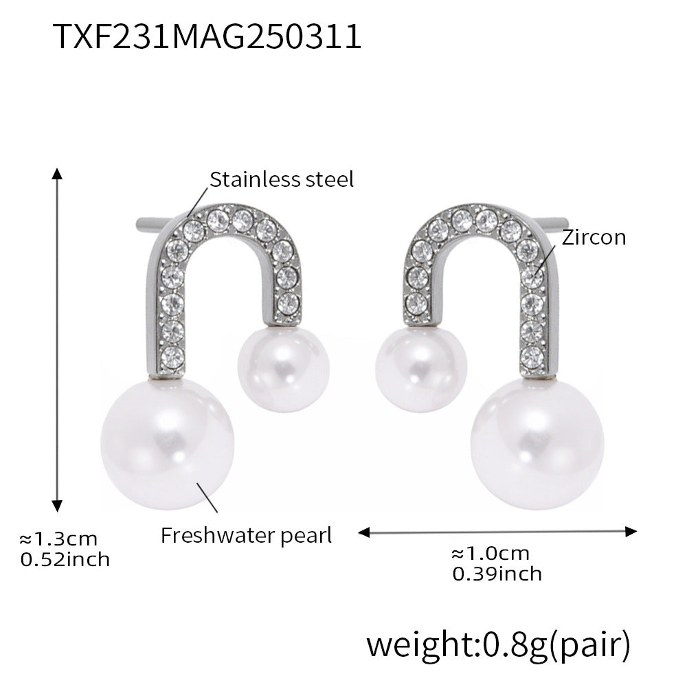 U-shaped bead zircon necklace stud earrings niche design sense light luxury fashion clavicle chain earrings titanium steel set