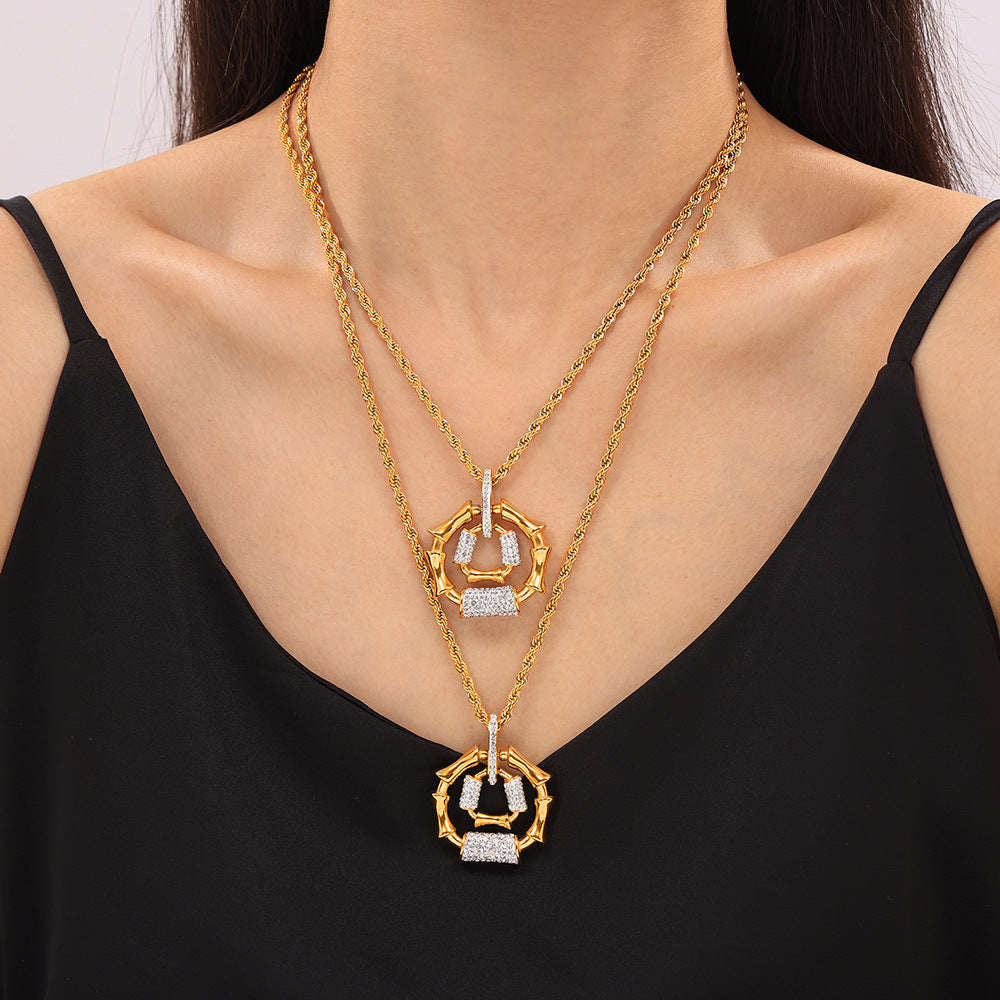 Temperament personalized twist chain jewelry bamboo splicing diamond-set design titanium steel jewelry set