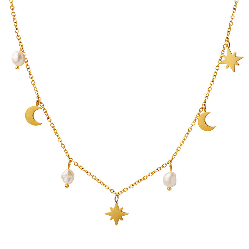 Versatile Star Moon Natural Freshwater Pearl Tassel Clavicle Necklace Women's Niche Light Luxury Design 99