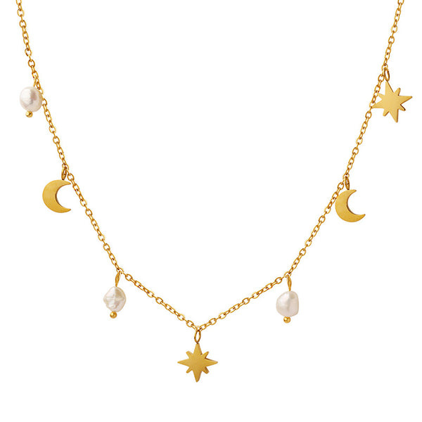 Versatile Star Moon Natural Freshwater Pearl Tassel Clavicle Necklace Women's Niche Light Luxury Design 99