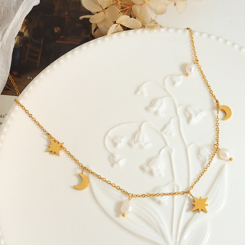 Versatile Star Moon Natural Freshwater Pearl Tassel Clavicle Necklace Women's Niche Light Luxury Design 99