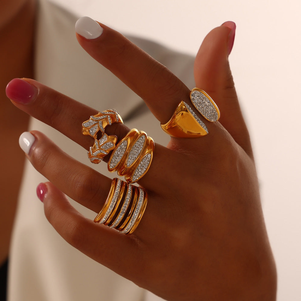 Niche simple light luxury jewelry Gypsy star diamond-set design ring Titanium steel gold-plated multi-layer index finger ring