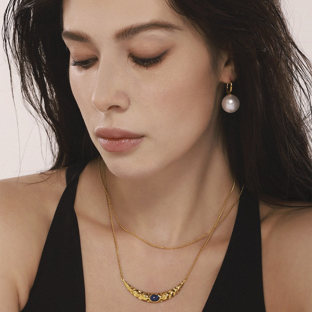 Crescent moon inlaid lapis lazuli rice beads double layer stacked necklace light luxury texture bead earrings personalized set