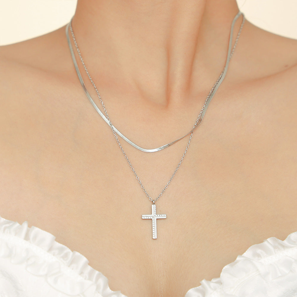Creative twill cross zircon pendant necklace female niche light luxury stacking wearing titanium steel collarbone chain female 9