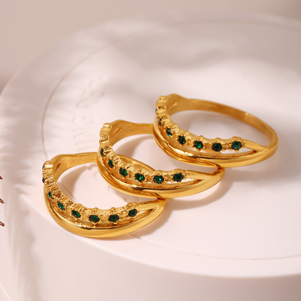 Simple light luxury stainless steel green zircon ring women's tail ring electroplating 18k real gold does not fade