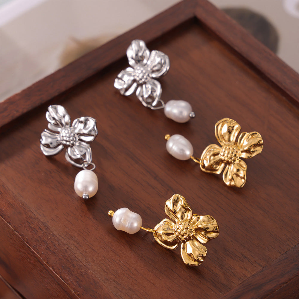 Temperament elegant freshwater pearl pendant earrings women's niche texture flower design temperament stud earrings