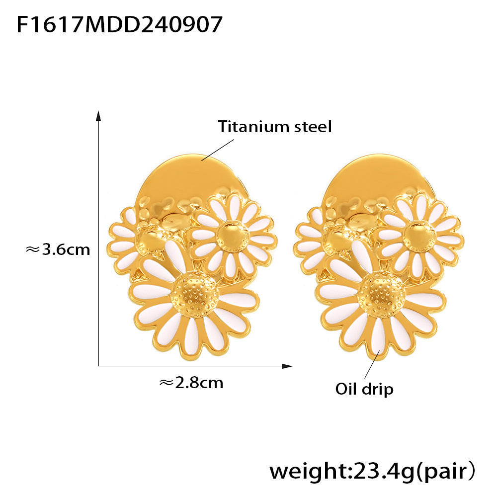 Chrysanthemum stud earrings 18k gold titanium steel small daisy oil dripping earrings women's temperament retro earrings wholesale