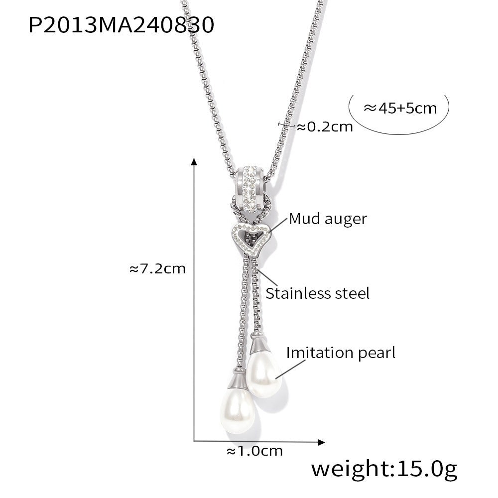 European and American light luxury buckle love tassel imitation pearl pendant necklace stainless steel gold-plated stacked necklace jewelry female pp
