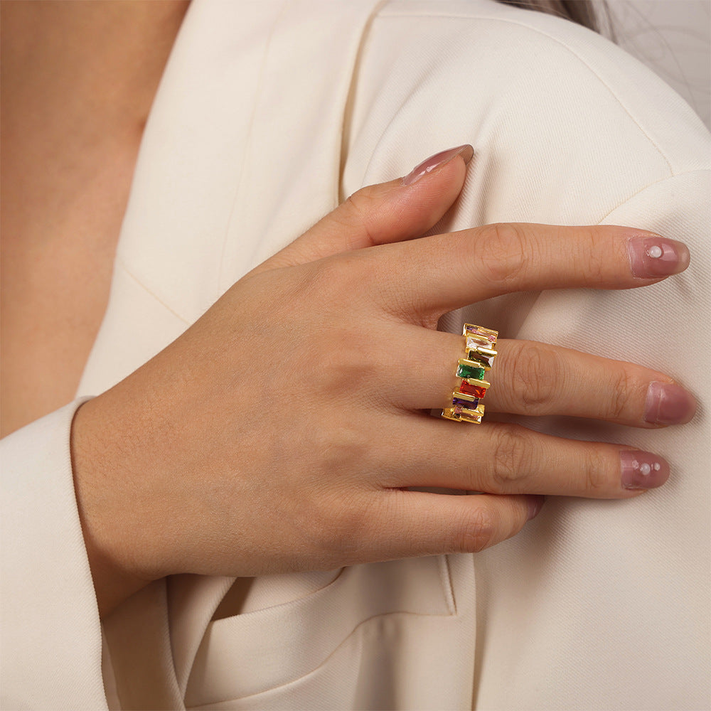 New light luxury simple fashion copper material inlaid with colored zircon open ring personalized niche design jewelry
