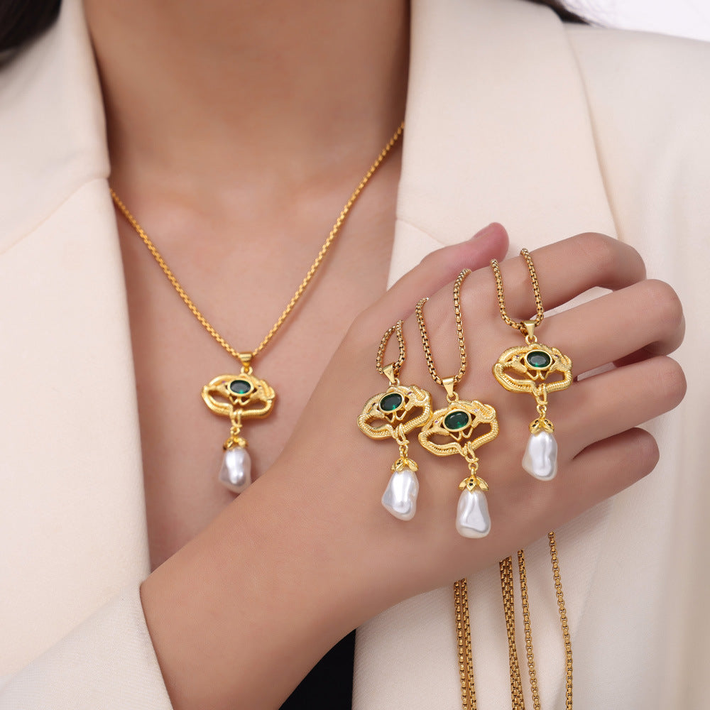 New cross-border retro court style light luxury copper material snake inlaid bead pendant necklace jewelry female pp