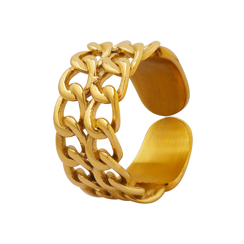 Double chain splicing ring female index finger ring titanium steel ring opening adjustable 18k real gold plated A155pp