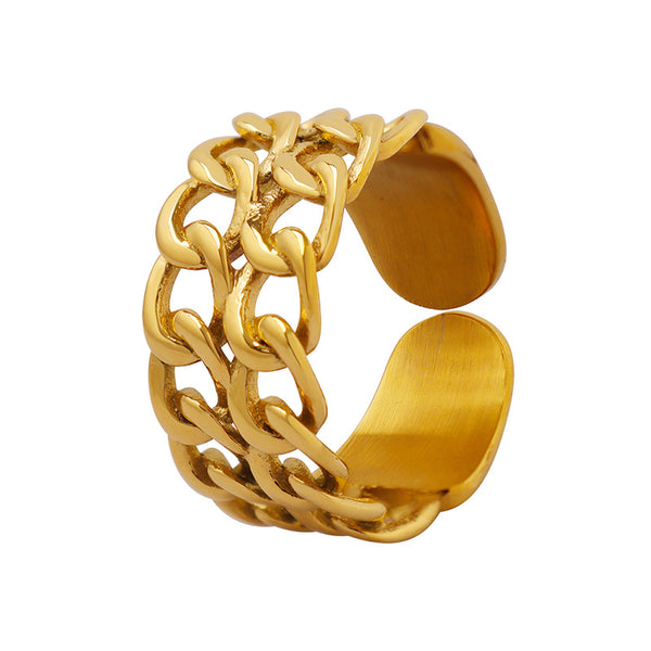 Double chain splicing ring female index finger ring titanium steel ring opening adjustable 18k real gold plated A155pp