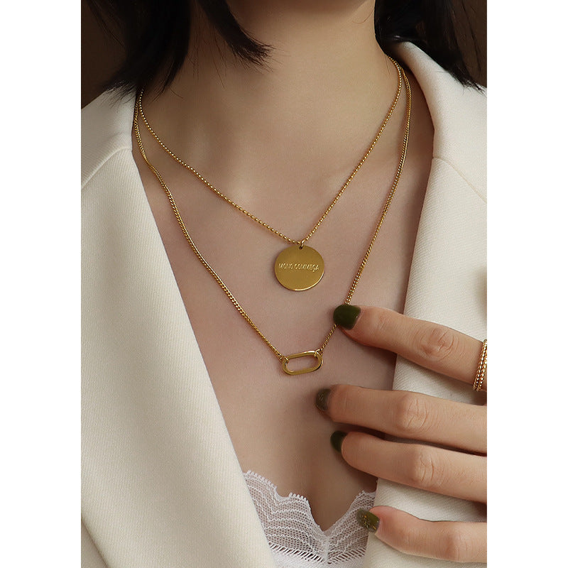 Big Round Brand Geometric Oval Clavicle Neck Chain Hip Hop Style Double Layer Stacked Titanium Steel Necklace Women's Jewelry Pendant