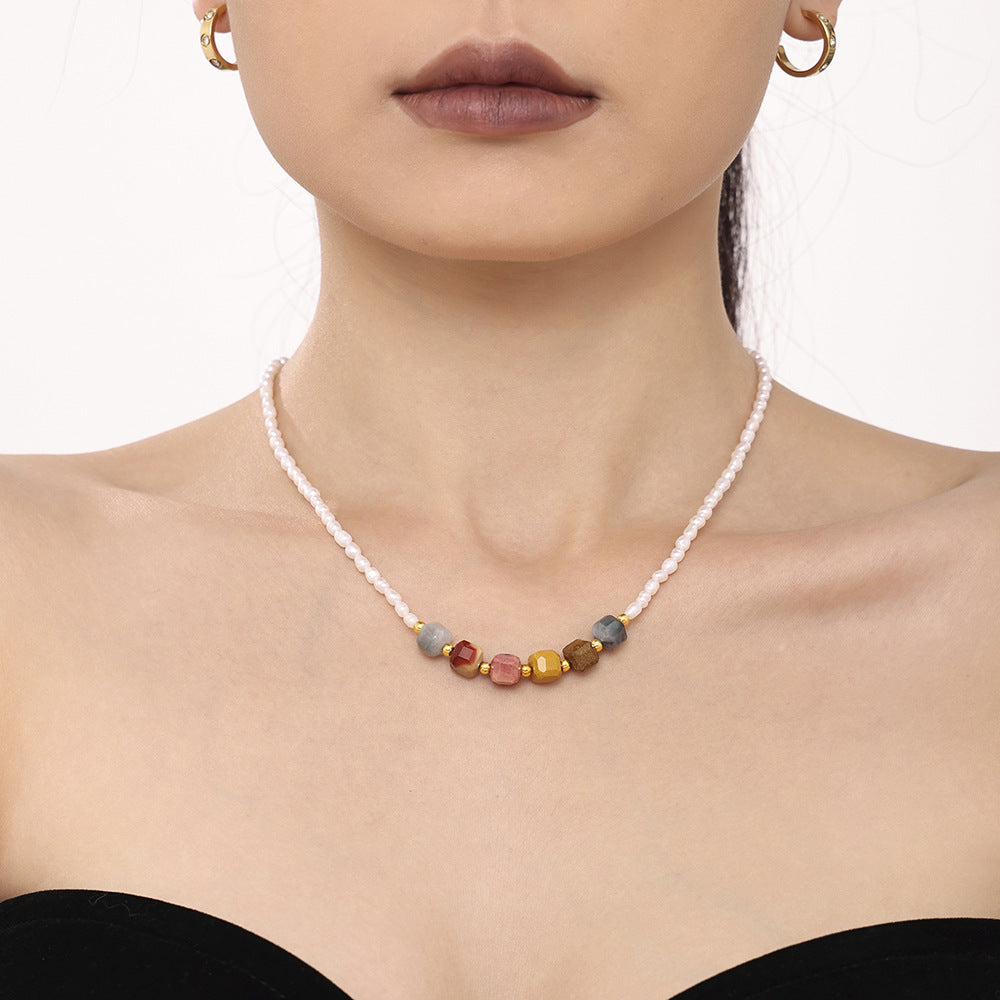 Freshwater pearl natural stone handmade beaded necklace light luxury elegant girl stainless steel neck chain jewelry spot