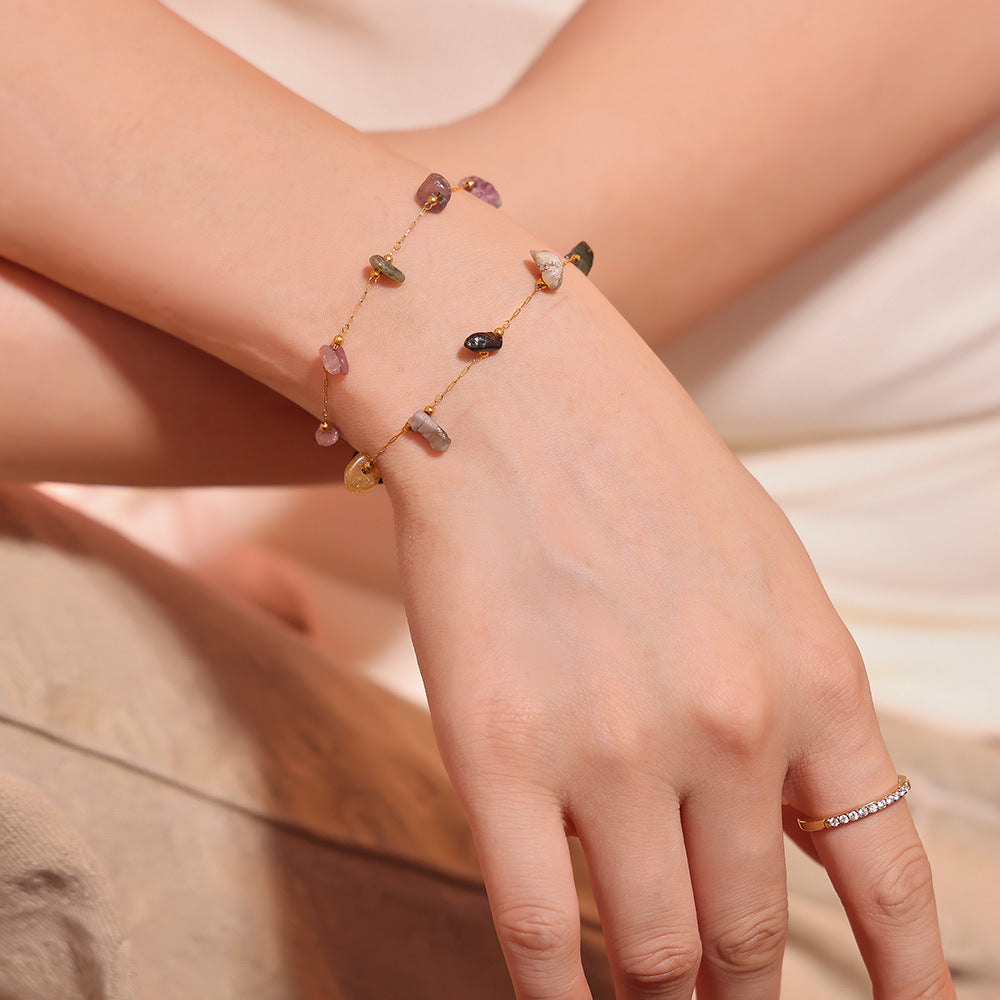 Colored natural gravel necklace bracelet New irregular stainless steel jewelry set for women