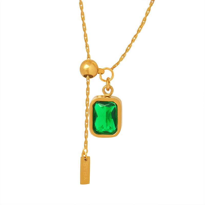 Vintage court emerald zircon tassel English letter simple necklace collarbone chain temperament girls jewelry